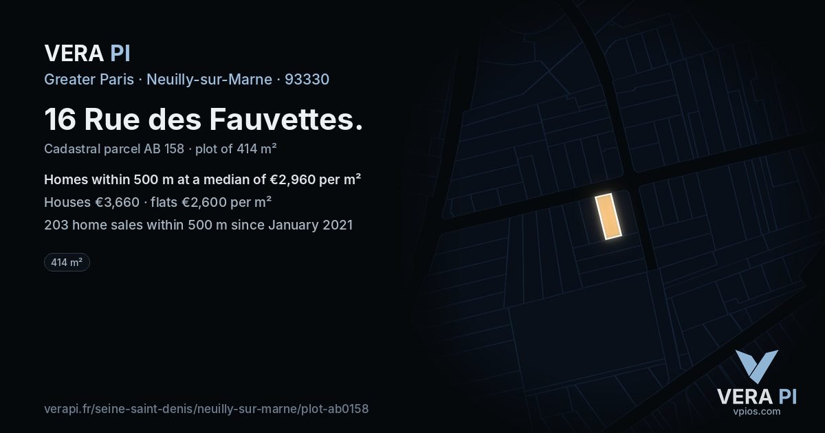 16 Rue des Fauvettes, Neuilly-sur-Marne at night – the plot lit, the parcels around coloured by the prices near them