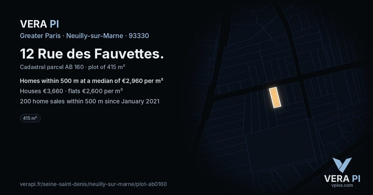 12 Rue des Fauvettes, Neuilly-sur-Marne at night – the plot lit, the parcels around coloured by the prices near them