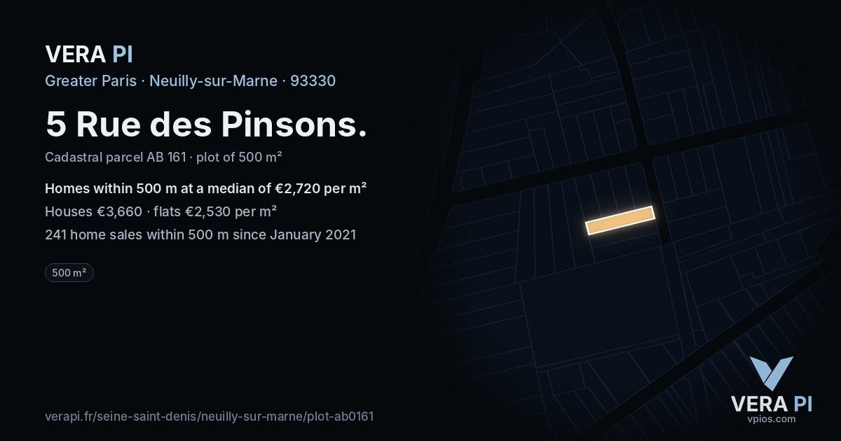 5 Rue des Pinsons, Neuilly-sur-Marne at night – the plot lit, the parcels around coloured by the prices near them