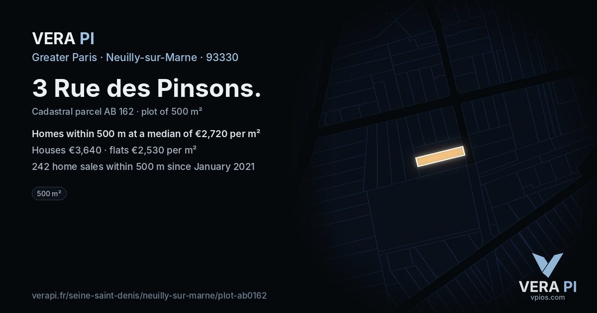 3 Rue des Pinsons, Neuilly-sur-Marne at night – the plot lit, the parcels around coloured by the prices near them