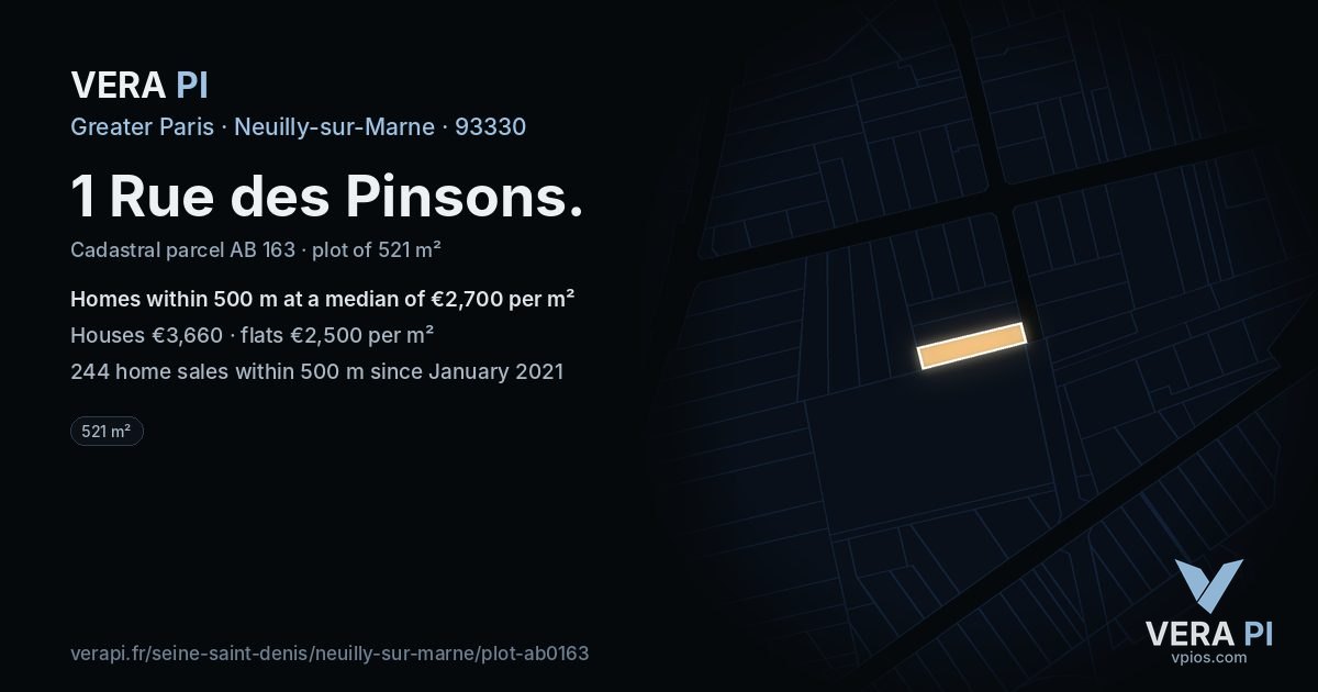 1 Rue des Pinsons, Neuilly-sur-Marne at night – the plot lit, the parcels around coloured by the prices near them