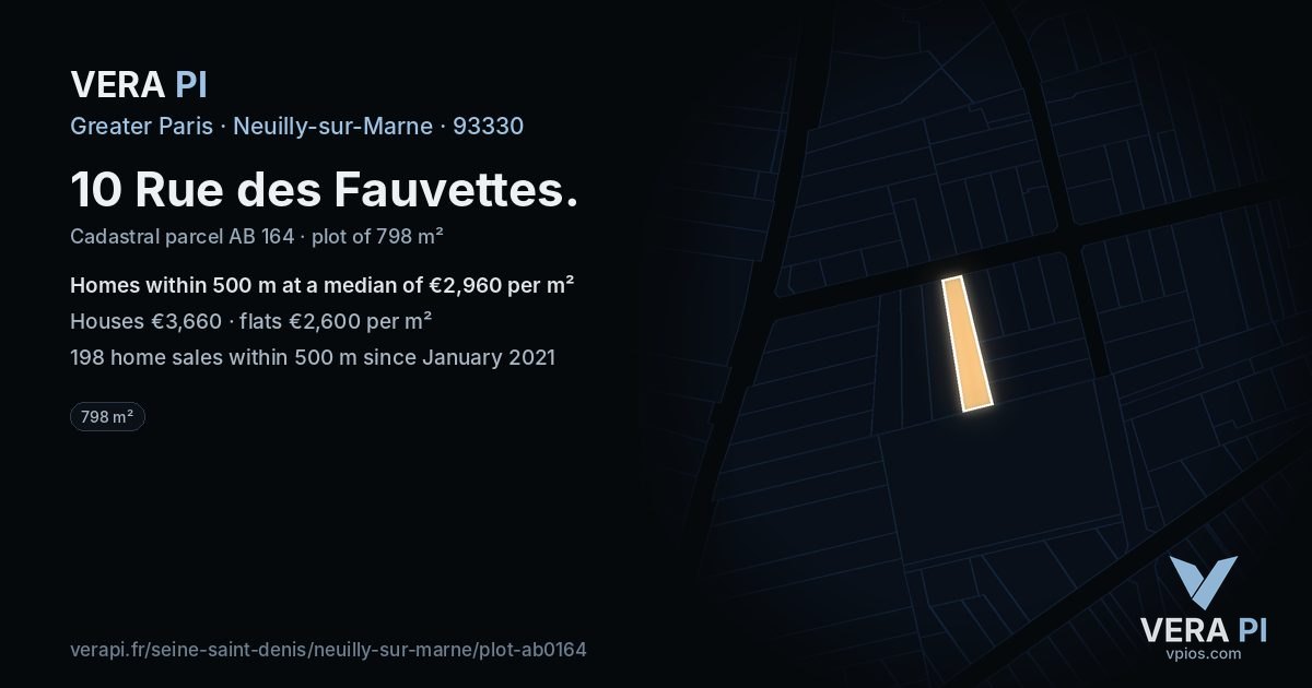 10 Rue des Fauvettes, Neuilly-sur-Marne at night – the plot lit, the parcels around coloured by the prices near them