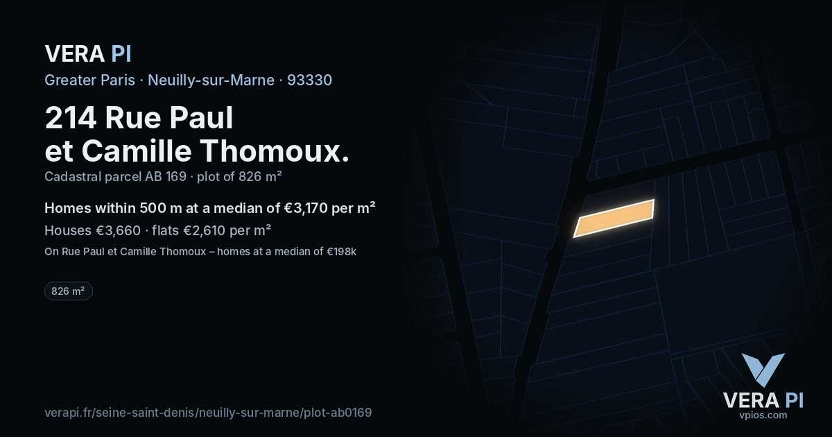 214 Rue Paul et Camille Thomoux, Neuilly-sur-Marne at night – the plot lit, the parcels around coloured by the prices near them