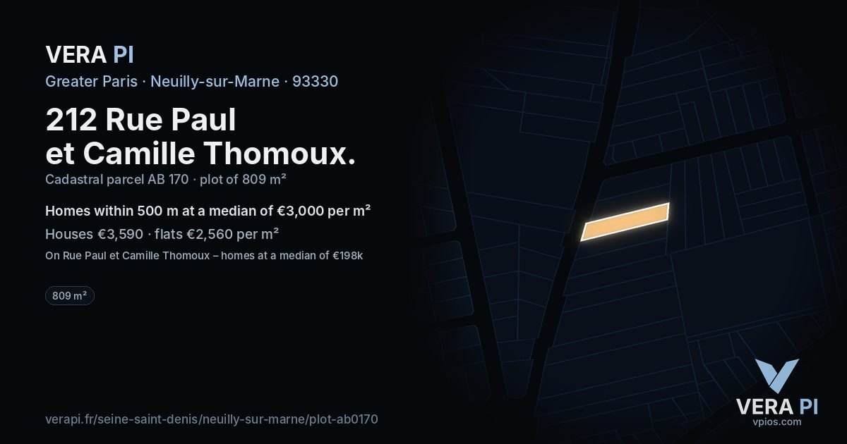 212 Rue Paul et Camille Thomoux, Neuilly-sur-Marne at night – the plot lit, the parcels around coloured by the prices near them