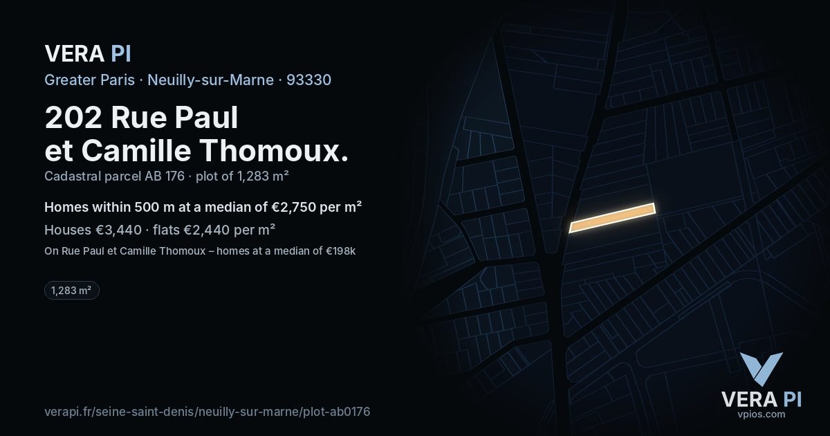 202 Rue Paul et Camille Thomoux, Neuilly-sur-Marne at night – the plot lit, the parcels around coloured by the prices near them
