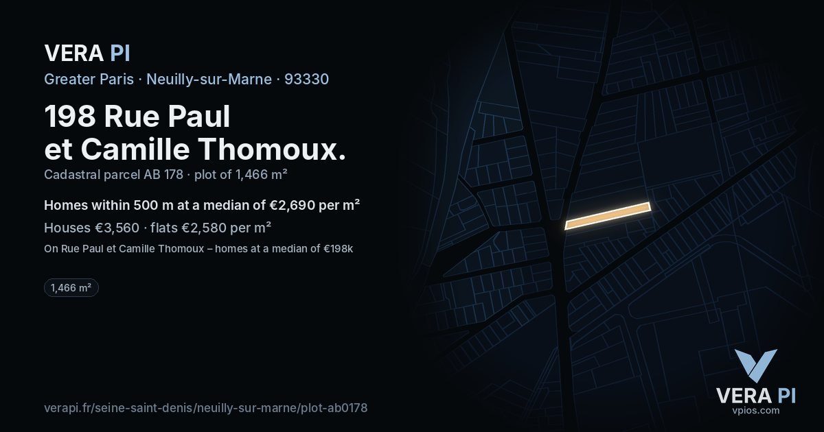 198 Rue Paul et Camille Thomoux, Neuilly-sur-Marne at night – the plot lit, the parcels around coloured by the prices near them