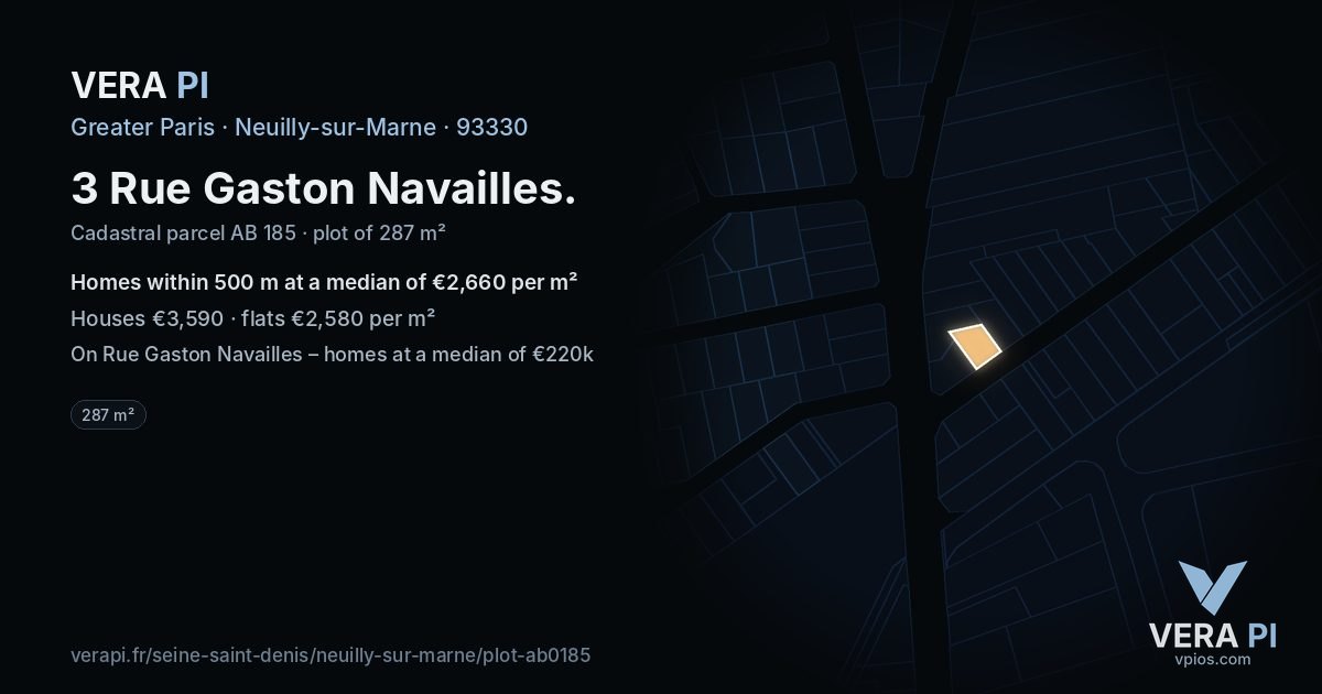 3 Rue Gaston Navailles, Neuilly-sur-Marne at night – the plot lit, the parcels around coloured by the prices near them