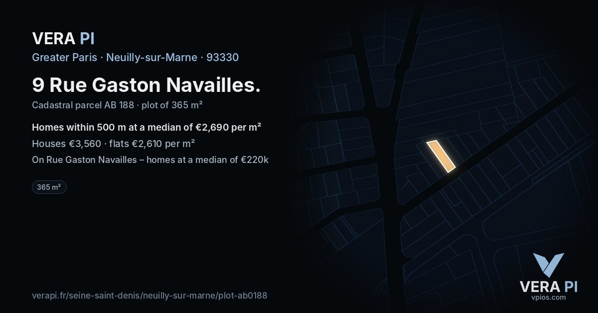 9 Rue Gaston Navailles, Neuilly-sur-Marne at night – the plot lit, the parcels around coloured by the prices near them