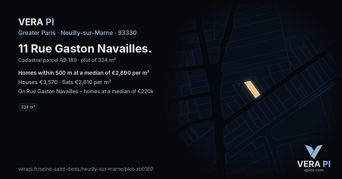 11 Rue Gaston Navailles, Neuilly-sur-Marne at night – the plot lit, the parcels around coloured by the prices near them