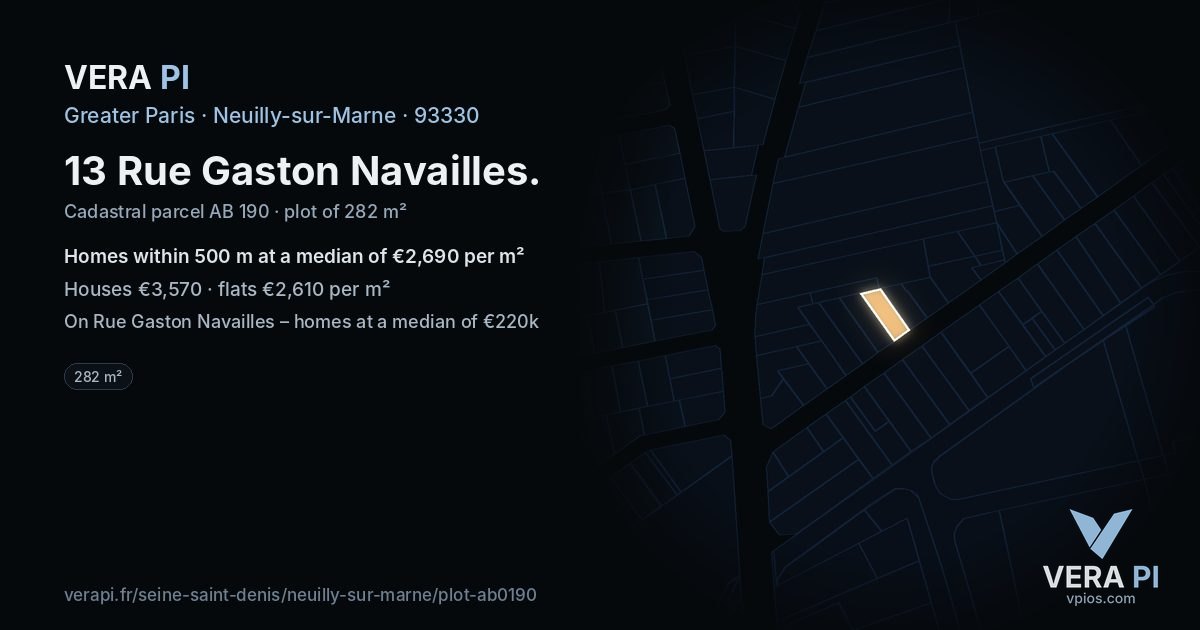 13 Rue Gaston Navailles, Neuilly-sur-Marne at night – the plot lit, the parcels around coloured by the prices near them