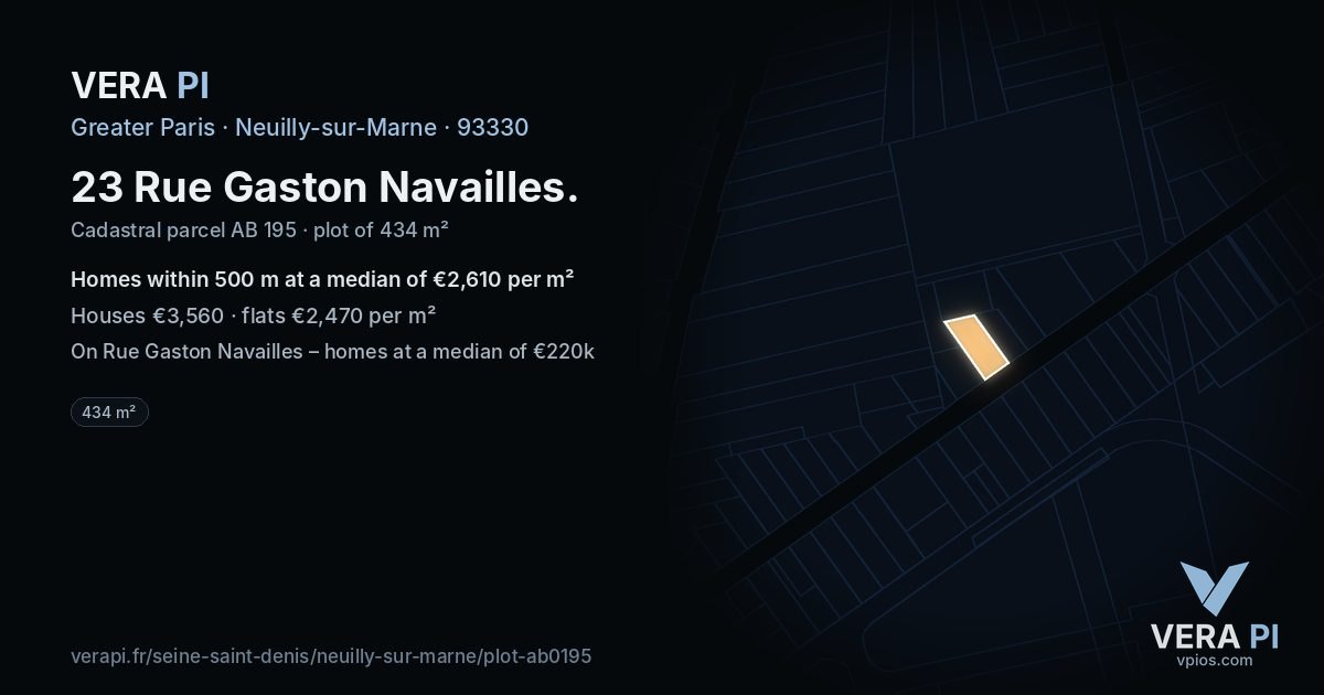 23 Rue Gaston Navailles, Neuilly-sur-Marne at night – the plot lit, the parcels around coloured by the prices near them