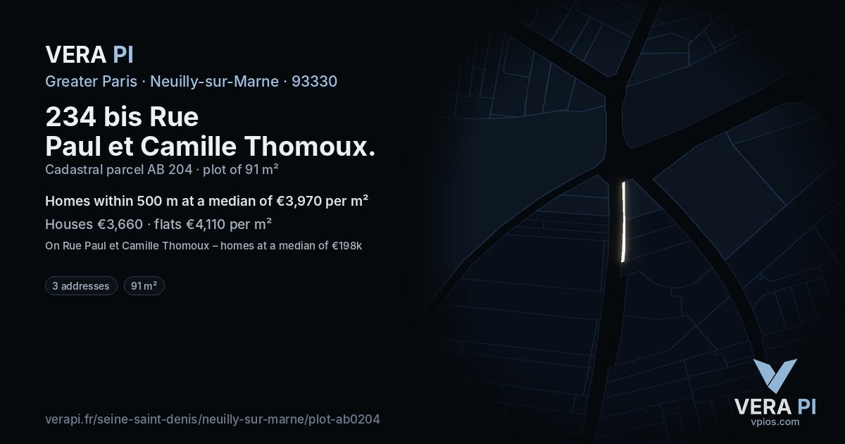 234 bis Rue Paul et Camille Thomoux, Neuilly-sur-Marne at night – the plot lit, the parcels around coloured by the prices near them