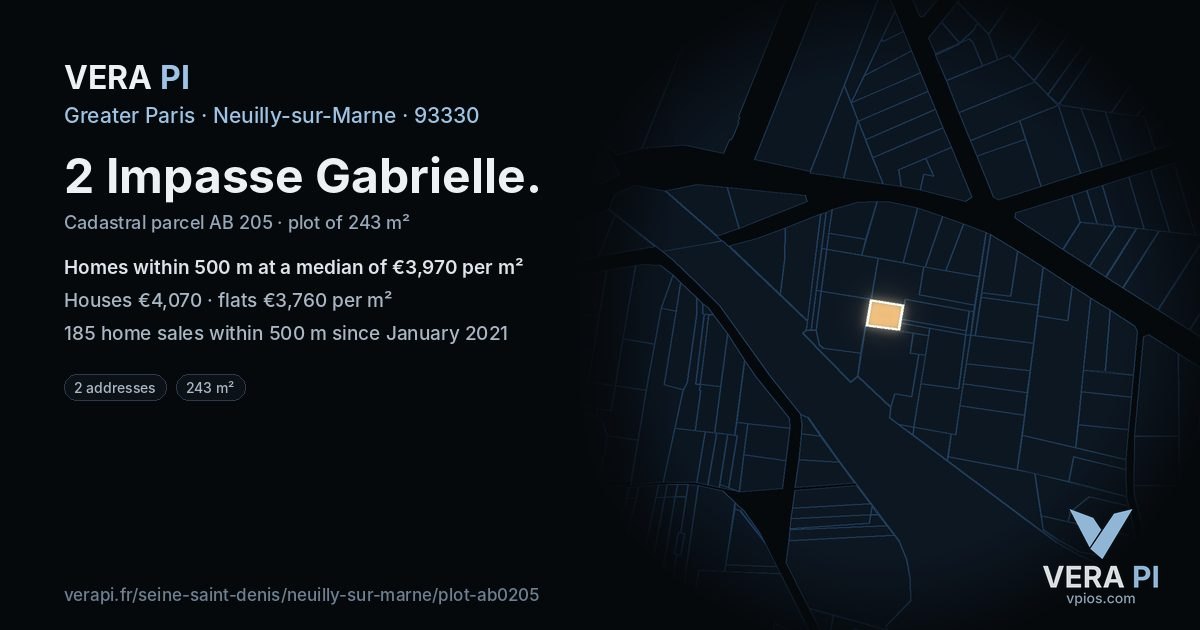 2 Impasse Gabrielle, Neuilly-sur-Marne at night – the plot lit, the parcels around coloured by the prices near them