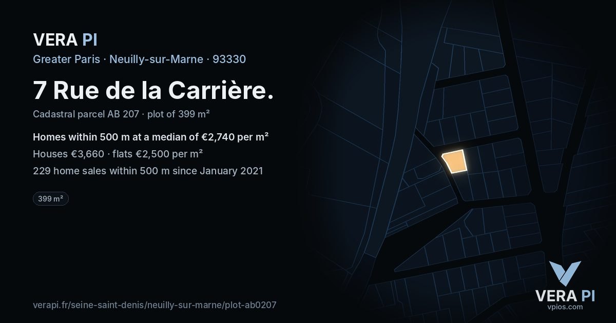 7 Rue de la Carrière, Neuilly-sur-Marne at night – the plot lit, the parcels around coloured by the prices near them