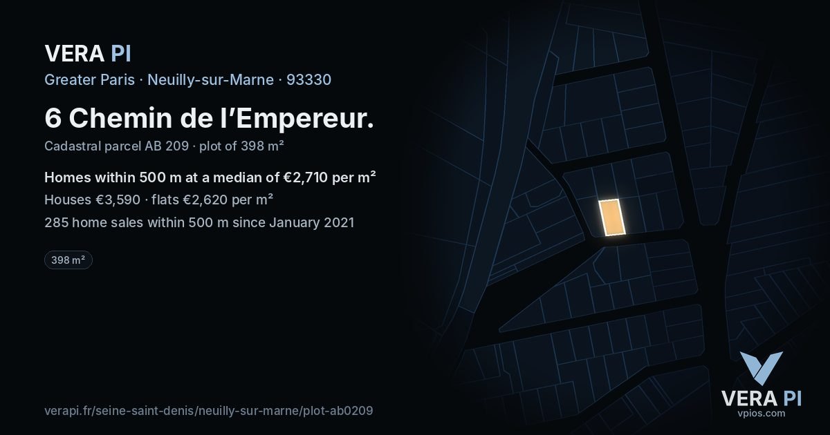 6 Chemin de l’Empereur, Neuilly-sur-Marne at night – the plot lit, the parcels around coloured by the prices near them