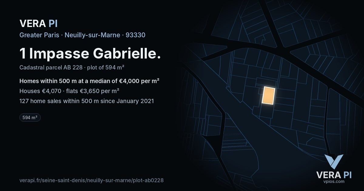 1 Impasse Gabrielle, Neuilly-sur-Marne at night – the plot lit, the parcels around coloured by the prices near them