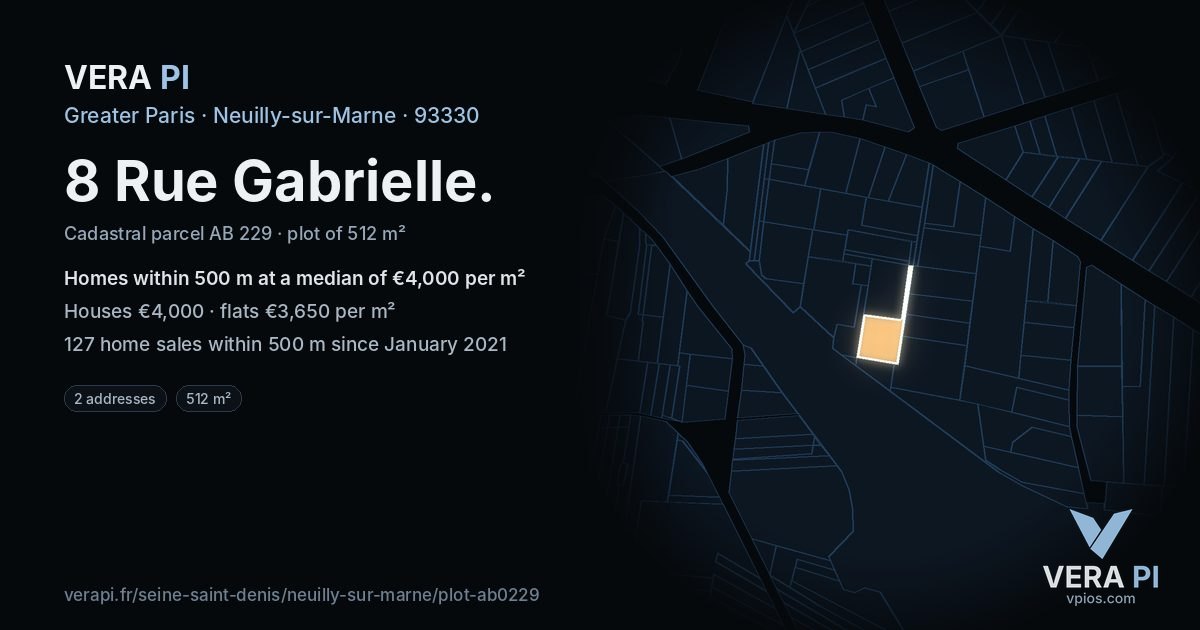 8 Rue Gabrielle, Neuilly-sur-Marne at night – the plot lit, the parcels around coloured by the prices near them
