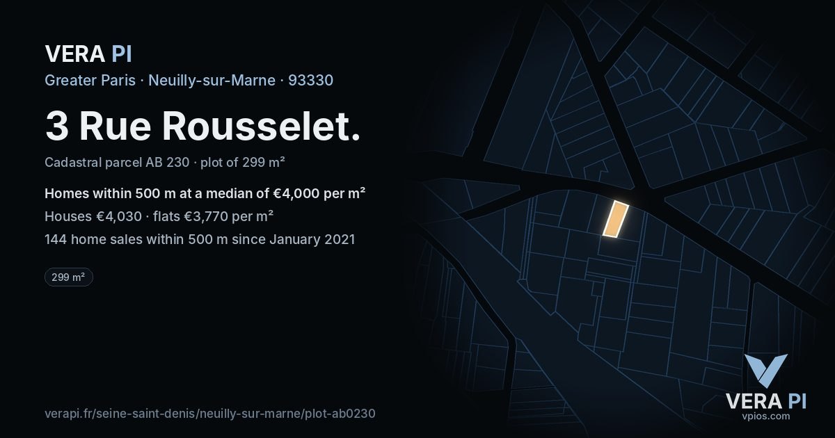 3 Rue Rousselet, Neuilly-sur-Marne at night – the plot lit, the parcels around coloured by the prices near them