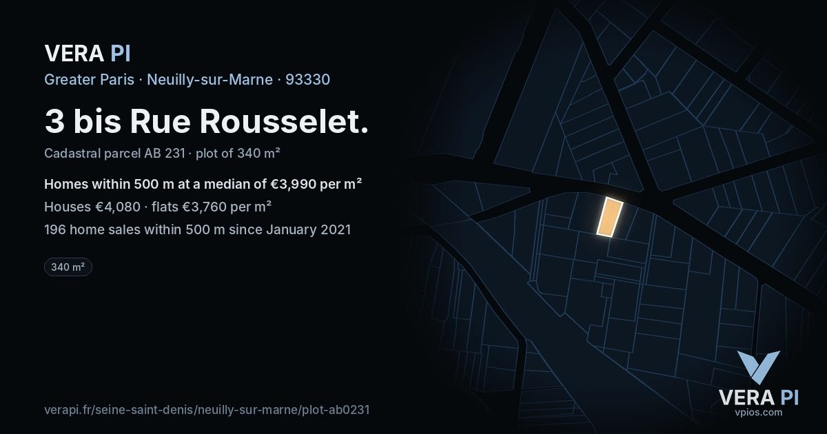 3 bis Rue Rousselet, Neuilly-sur-Marne at night – the plot lit, the parcels around coloured by the prices near them