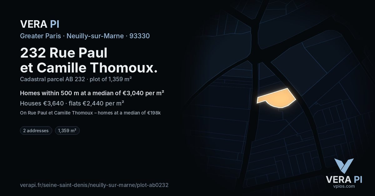 232 Rue Paul et Camille Thomoux, Neuilly-sur-Marne at night – the plot lit, the parcels around coloured by the prices near them