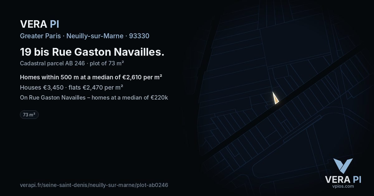 19 bis Rue Gaston Navailles, Neuilly-sur-Marne at night – the plot lit, the parcels around coloured by the prices near them
