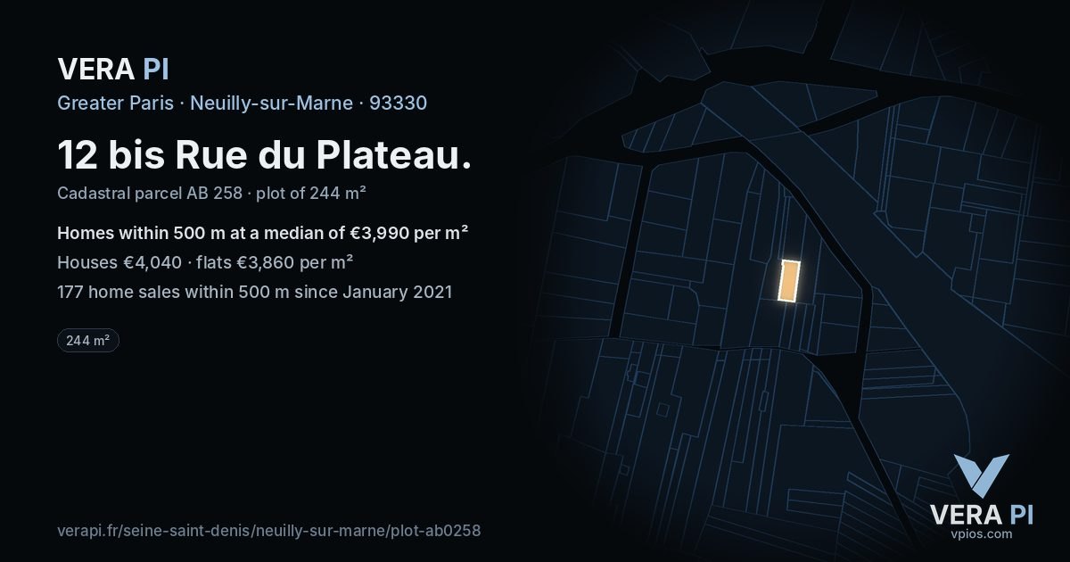 12 bis Rue du Plateau, Neuilly-sur-Marne at night – the plot lit, the parcels around coloured by the prices near them