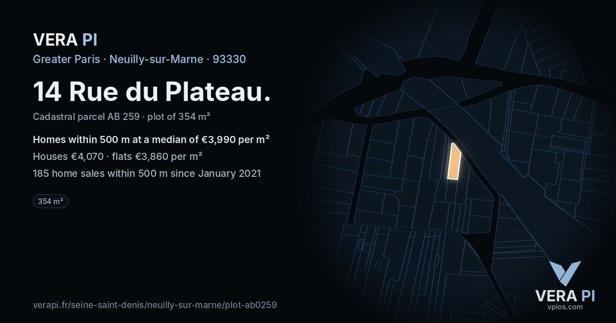 14 Rue du Plateau, Neuilly-sur-Marne at night – the plot lit, the parcels around coloured by the prices near them