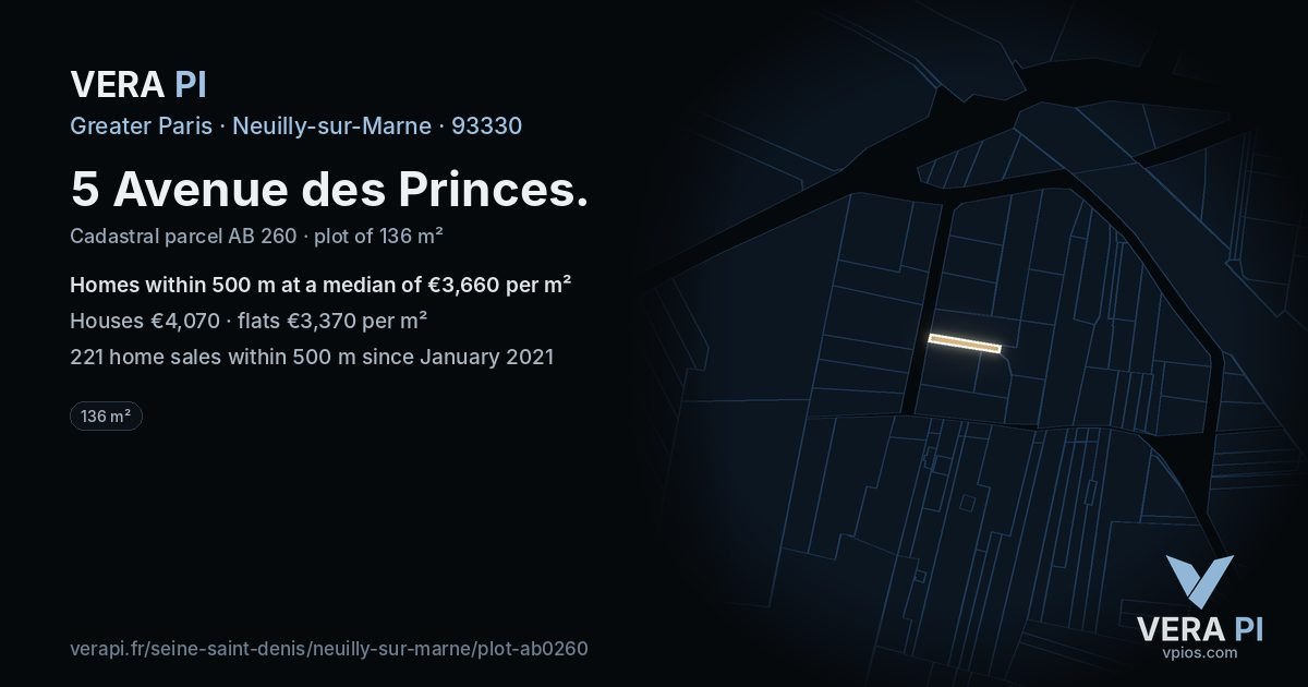 5 Avenue des Princes, Neuilly-sur-Marne at night – the plot lit, the parcels around coloured by the prices near them