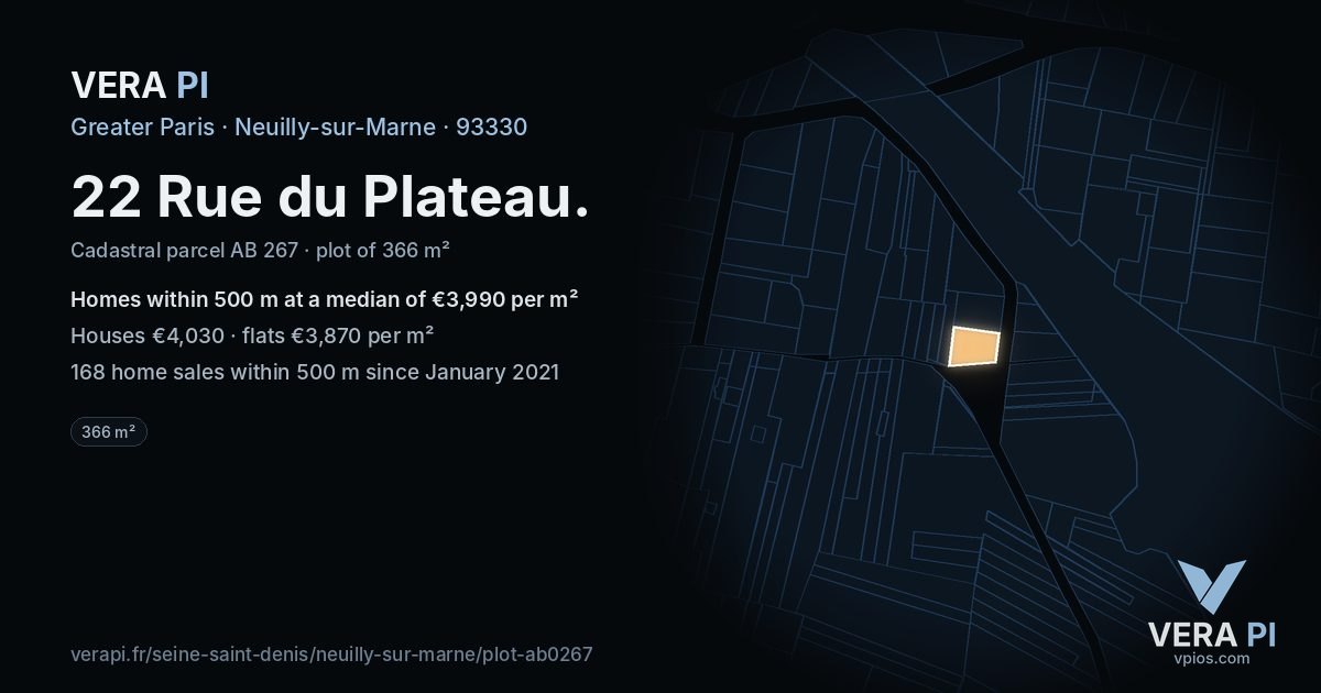 22 Rue du Plateau, Neuilly-sur-Marne at night – the plot lit, the parcels around coloured by the prices near them