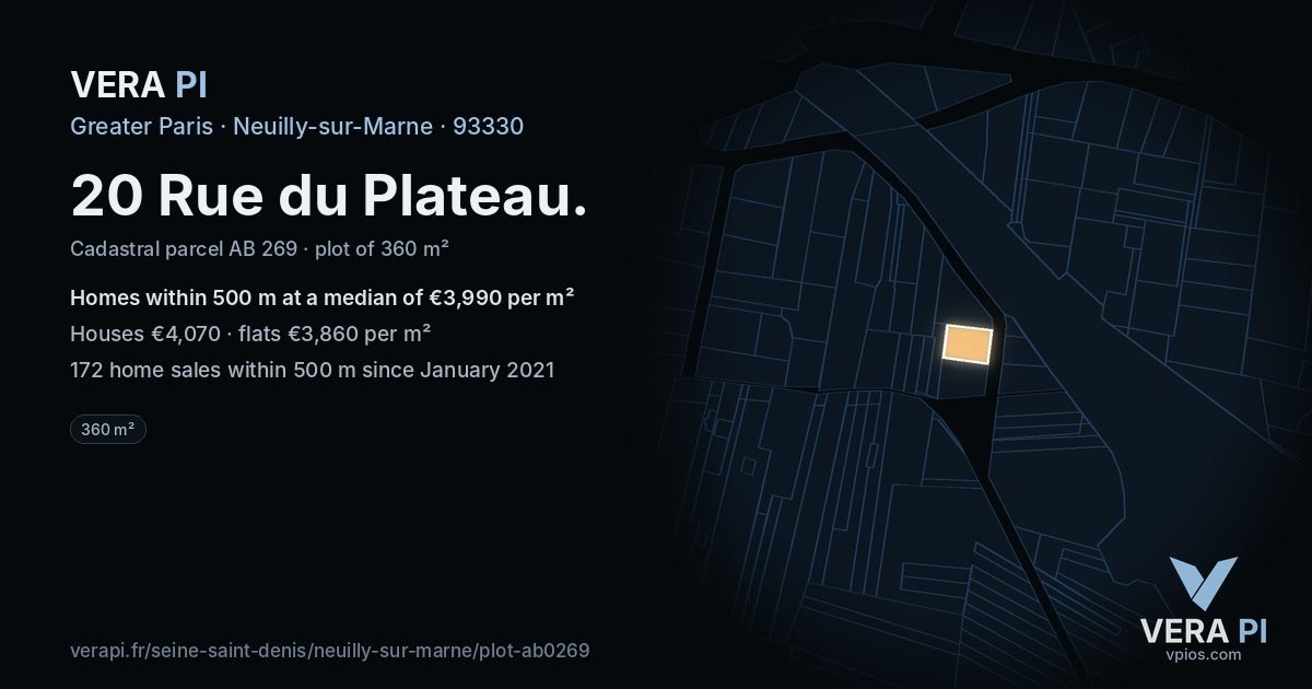 20 Rue du Plateau, Neuilly-sur-Marne at night – the plot lit, the parcels around coloured by the prices near them