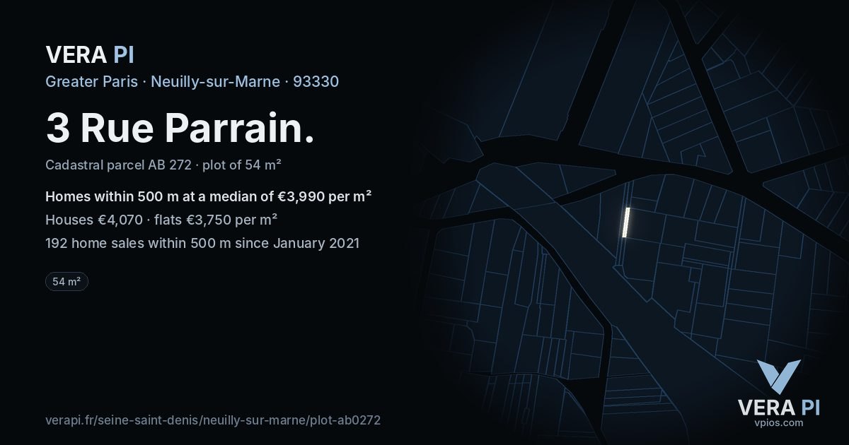 3 Rue Parrain, Neuilly-sur-Marne at night – the plot lit, the parcels around coloured by the prices near them