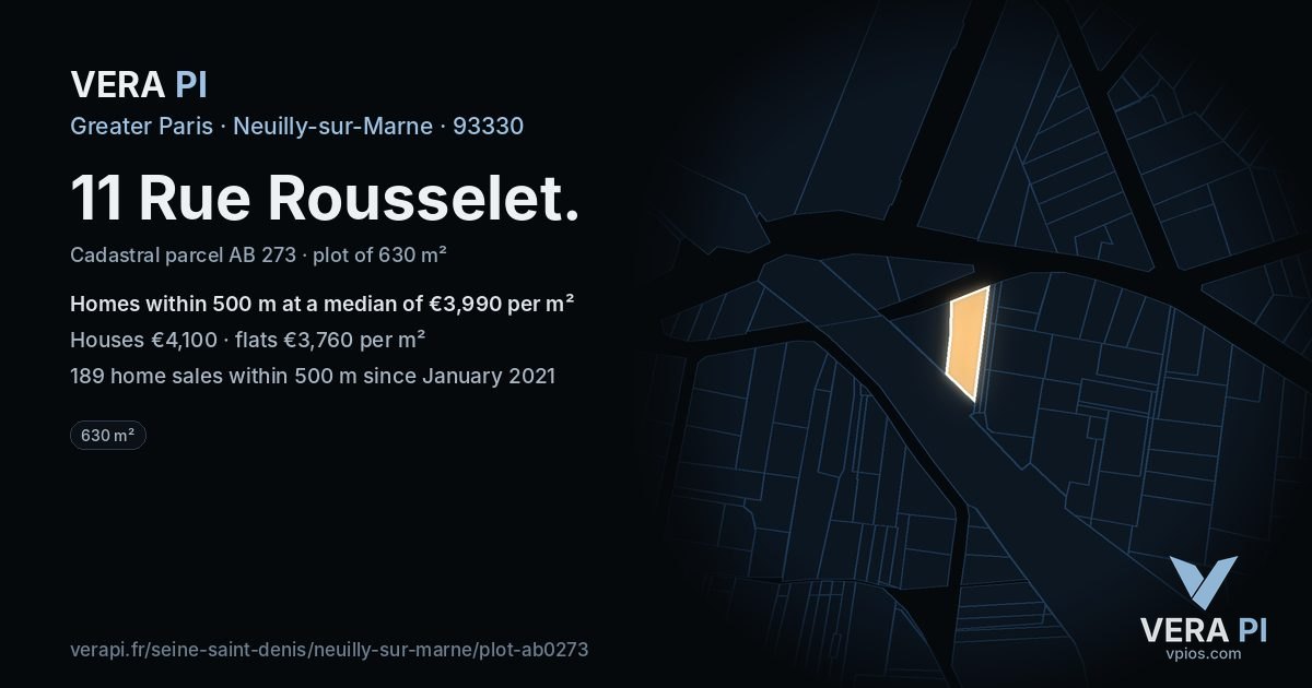 11 Rue Rousselet, Neuilly-sur-Marne at night – the plot lit, the parcels around coloured by the prices near them