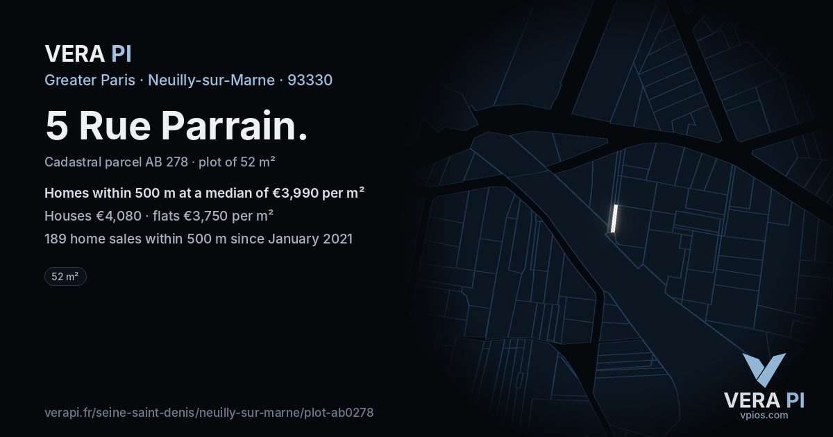 5 Rue Parrain, Neuilly-sur-Marne at night – the plot lit, the parcels around coloured by the prices near them