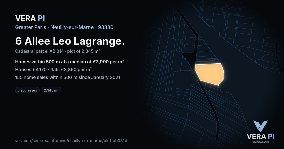 6 Allee Leo Lagrange, Neuilly-sur-Marne at night – the plot lit, the parcels around coloured by the prices near them