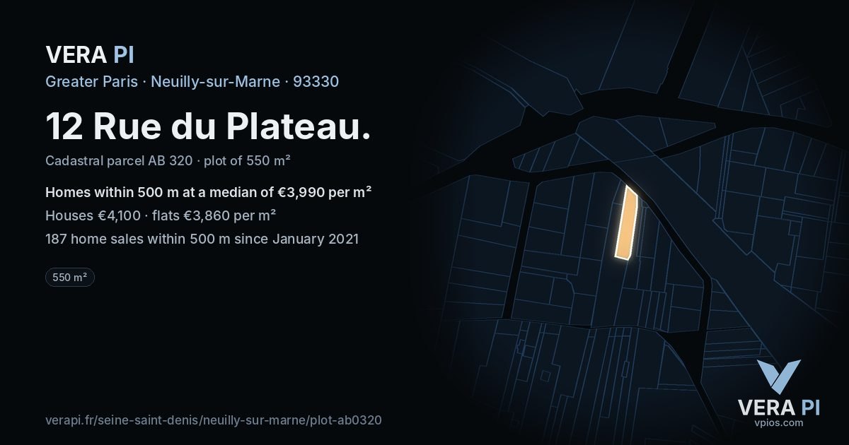 12 Rue du Plateau, Neuilly-sur-Marne at night – the plot lit, the parcels around coloured by the prices near them