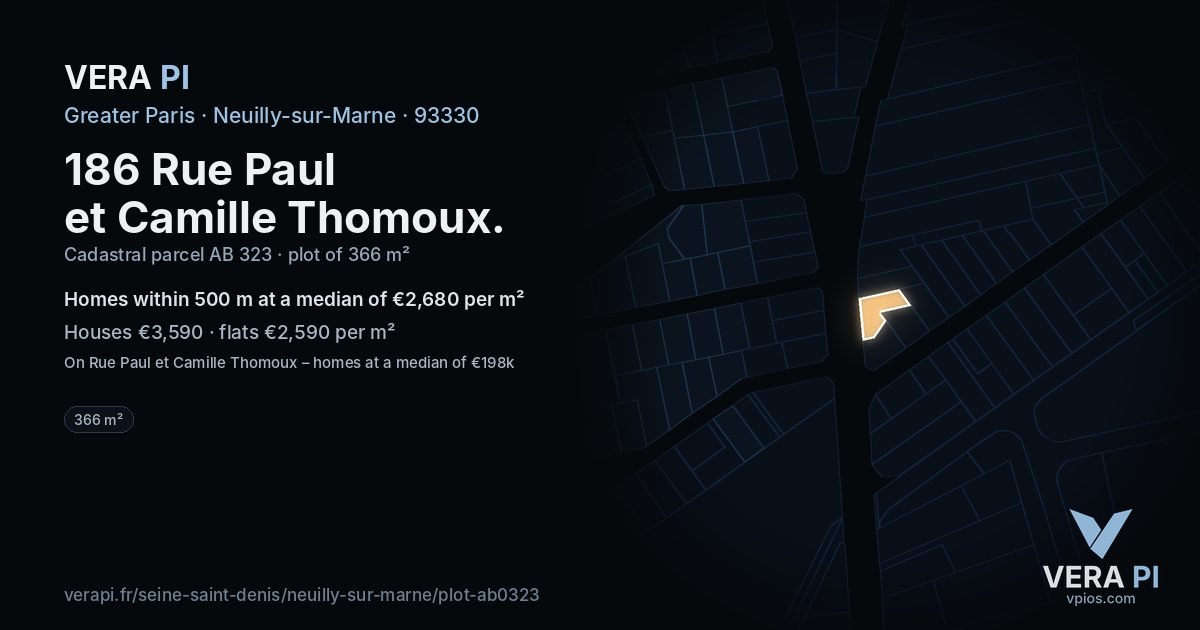 186 Rue Paul et Camille Thomoux, Neuilly-sur-Marne at night – the plot lit, the parcels around coloured by the prices near them