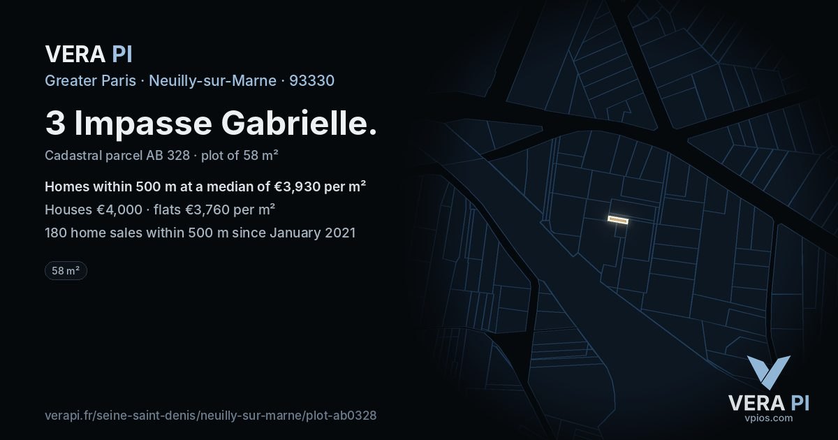 3 Impasse Gabrielle, Neuilly-sur-Marne at night – the plot lit, the parcels around coloured by the prices near them