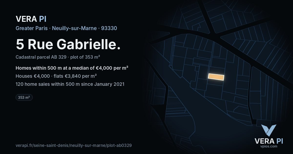 5 Rue Gabrielle, Neuilly-sur-Marne at night – the plot lit, the parcels around coloured by the prices near them