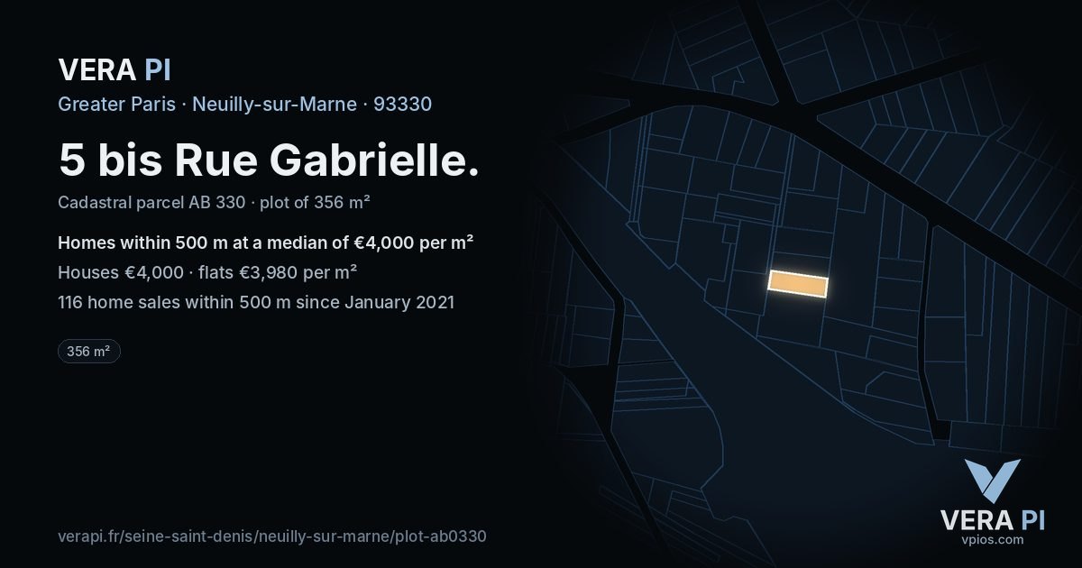 5 bis Rue Gabrielle, Neuilly-sur-Marne at night – the plot lit, the parcels around coloured by the prices near them
