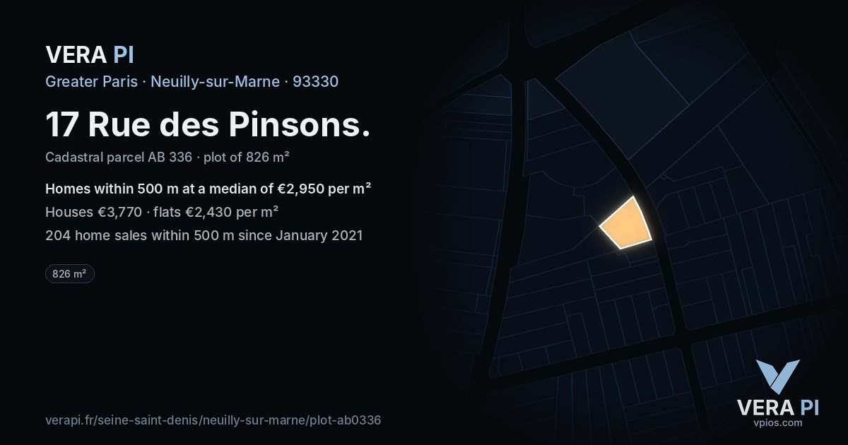 17 Rue des Pinsons, Neuilly-sur-Marne at night – the plot lit, the parcels around coloured by the prices near them