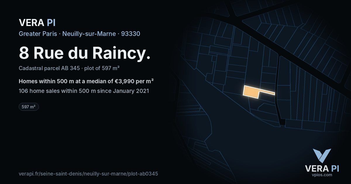 8 Rue du Raincy, Neuilly-sur-Marne at night – the plot lit, the parcels around coloured by the prices near them