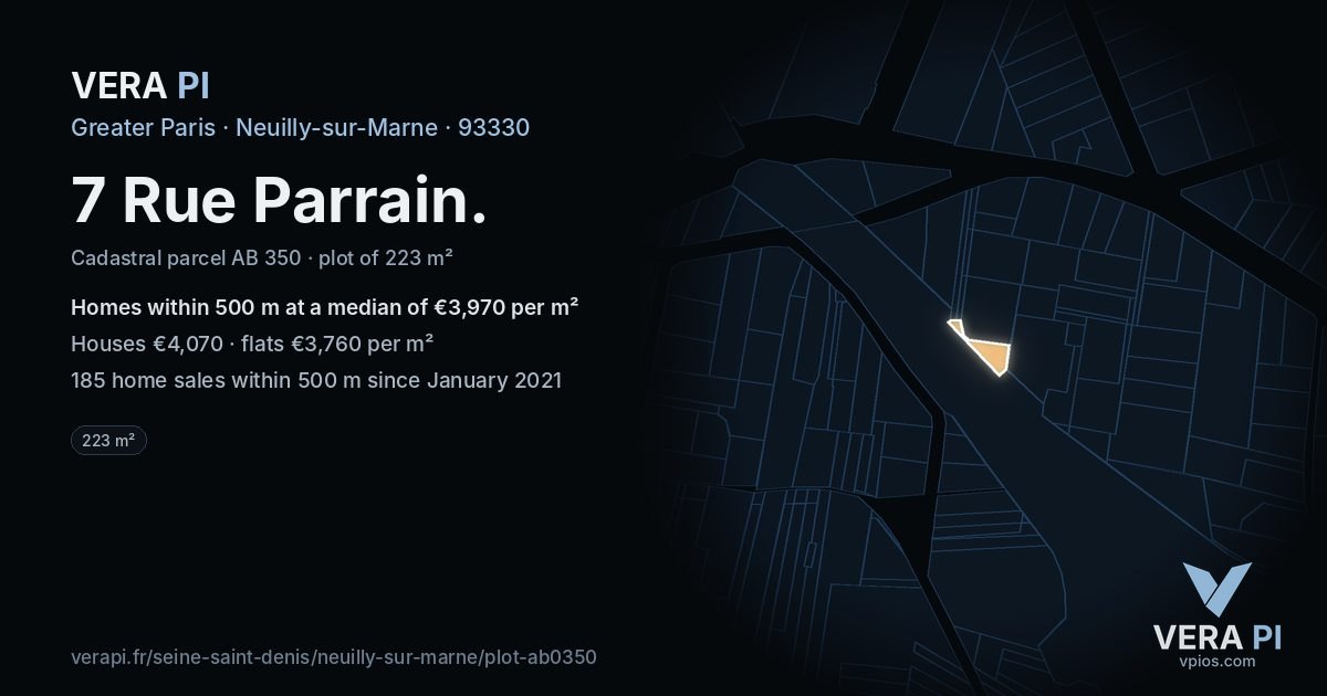 7 Rue Parrain, Neuilly-sur-Marne at night – the plot lit, the parcels around coloured by the prices near them