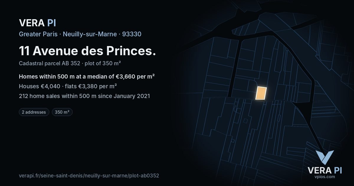11 Avenue des Princes, Neuilly-sur-Marne at night – the plot lit, the parcels around coloured by the prices near them