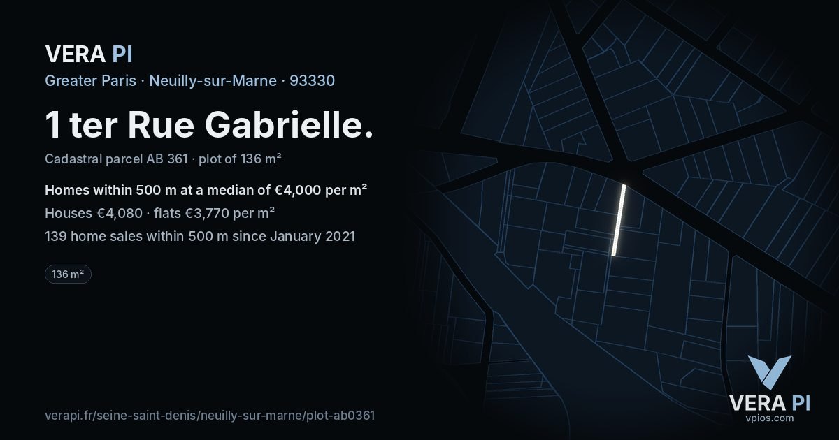 1 ter Rue Gabrielle, Neuilly-sur-Marne at night – the plot lit, the parcels around coloured by the prices near them