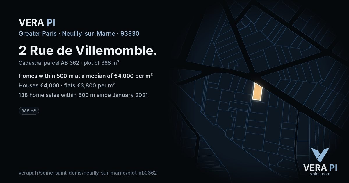 2 Rue de Villemomble, Neuilly-sur-Marne at night – the plot lit, the parcels around coloured by the prices near them