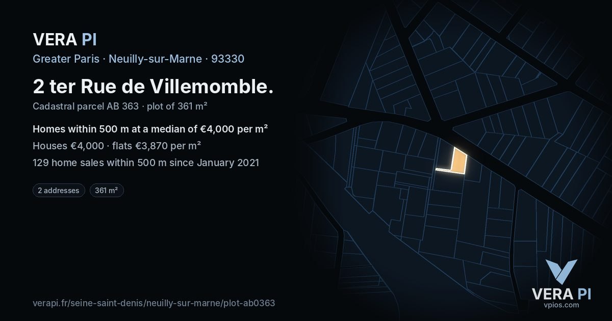 2 ter Rue de Villemomble, Neuilly-sur-Marne at night – the plot lit, the parcels around coloured by the prices near them