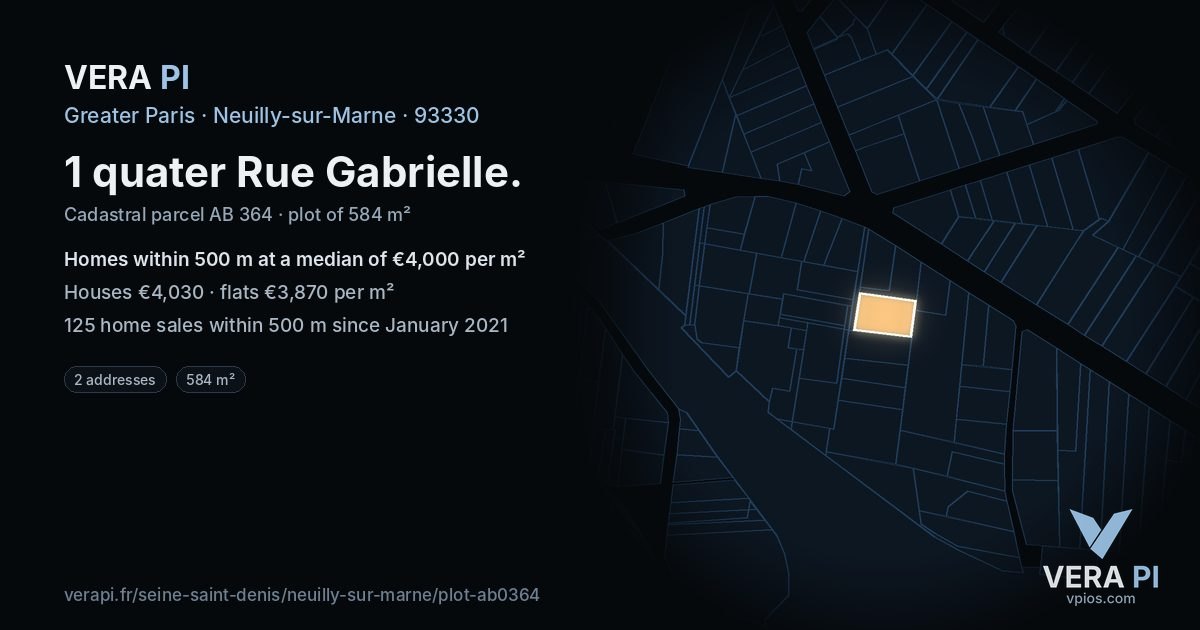 1 quater Rue Gabrielle, Neuilly-sur-Marne at night – the plot lit, the parcels around coloured by the prices near them