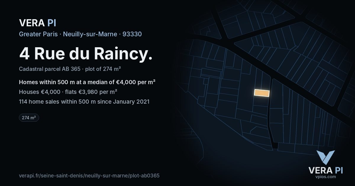 4 Rue du Raincy, Neuilly-sur-Marne at night – the plot lit, the parcels around coloured by the prices near them