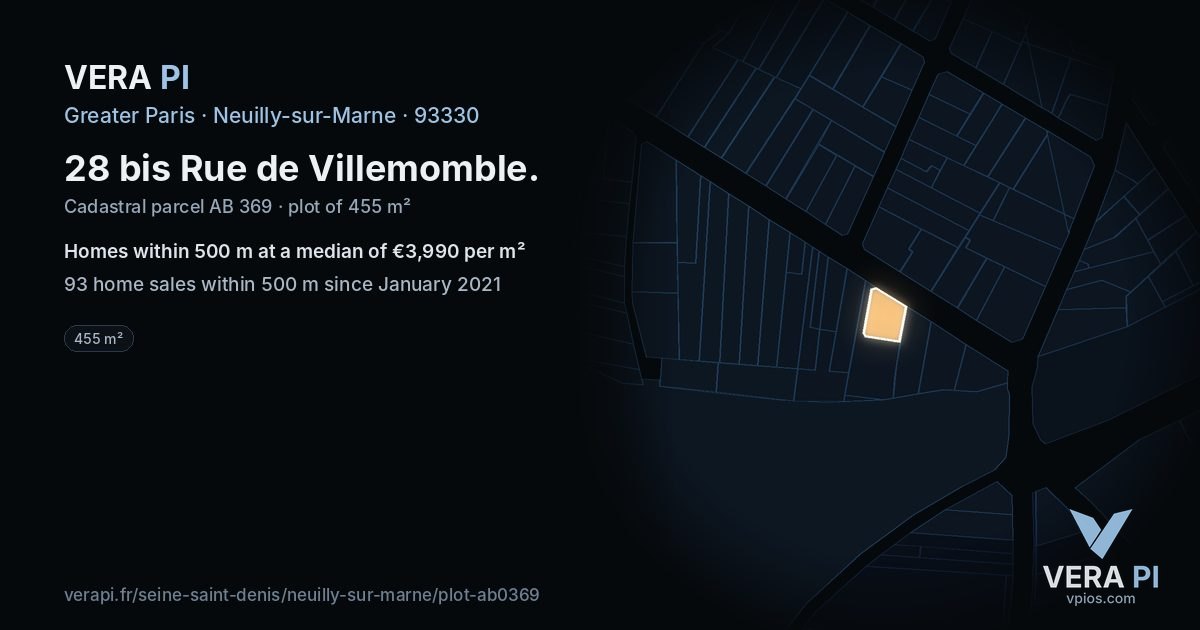 28 bis Rue de Villemomble, Neuilly-sur-Marne at night – the plot lit, the parcels around coloured by the prices near them