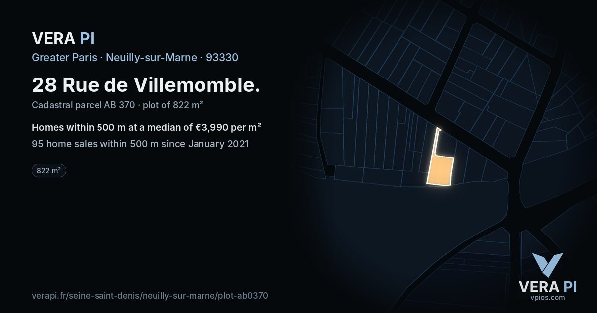 28 Rue de Villemomble, Neuilly-sur-Marne at night – the plot lit, the parcels around coloured by the prices near them